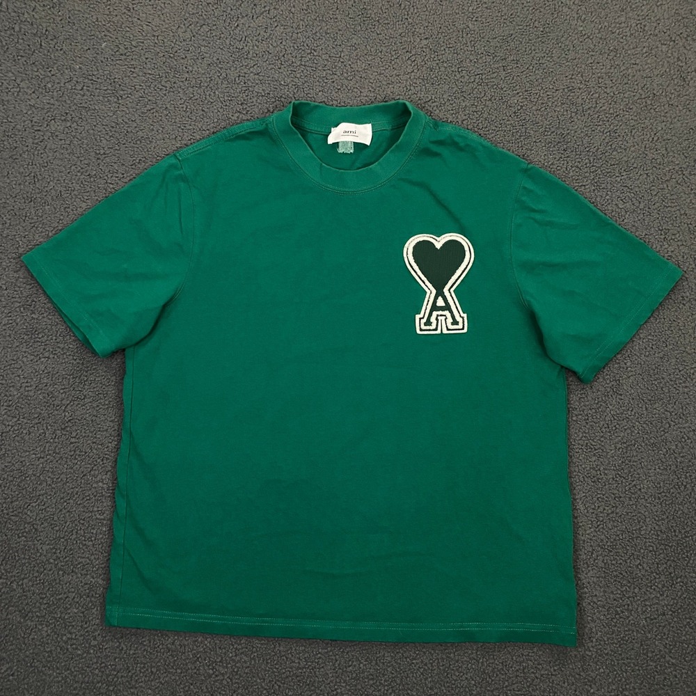 AMI Paris T-Shirt Men Small Green Ami de Coeur Logo Patch Crop Crew Short Sleeve